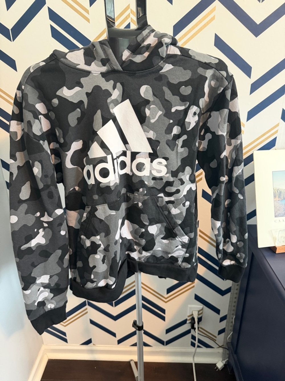 adidas Black & Gray Camo Pullover Hoodie for Kids with White Logo